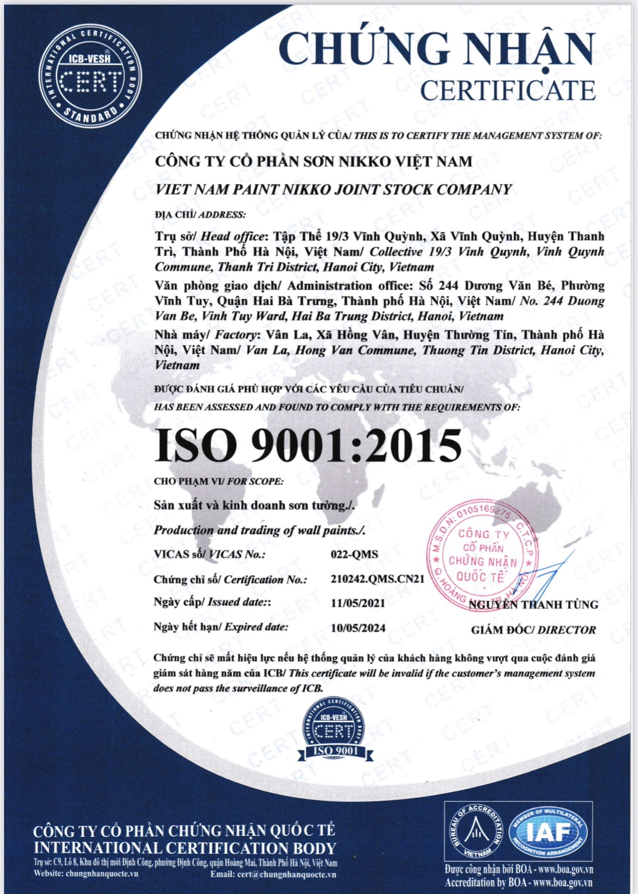 Chứng chỉ hệ thống quản lý chất lượng theo tiêu chuẩn ISO 9001:2015 